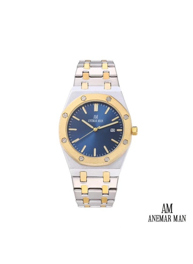 ANEMAR MAN High-quality, water-resistant men's stainless steel wristwatch with a silver and gold strap and blue dial.