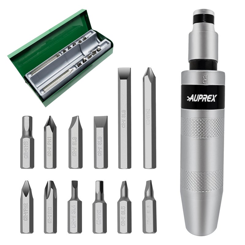 AUPREX Manual Impact Screwdriver 12 Reversible Hand Impact Driver Set Hammer Screwdriver with 12Piece CRV Slotted Phillips Hexagonal Bits Set for Removing Rusted Fasteners or Frozen Bolts