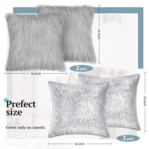 Irenare 4 Pcs Sequin and Fluffy Pillow Covers Winter Throw Pillow Cases Soft Cushion Cover for Couch Bed Sofa Xmas Day18 x 18 InchSilver Gray - Image 3