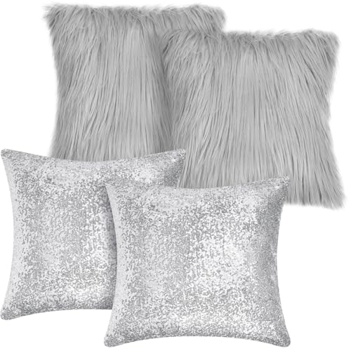 Irenare 4 Pcs Sequin and Fluffy Pillow Covers Winter Throw Pillow Cases Soft Cushion Cover for Couch Bed Sofa Xmas Day18 x 18 InchSilver Gray - Image 1