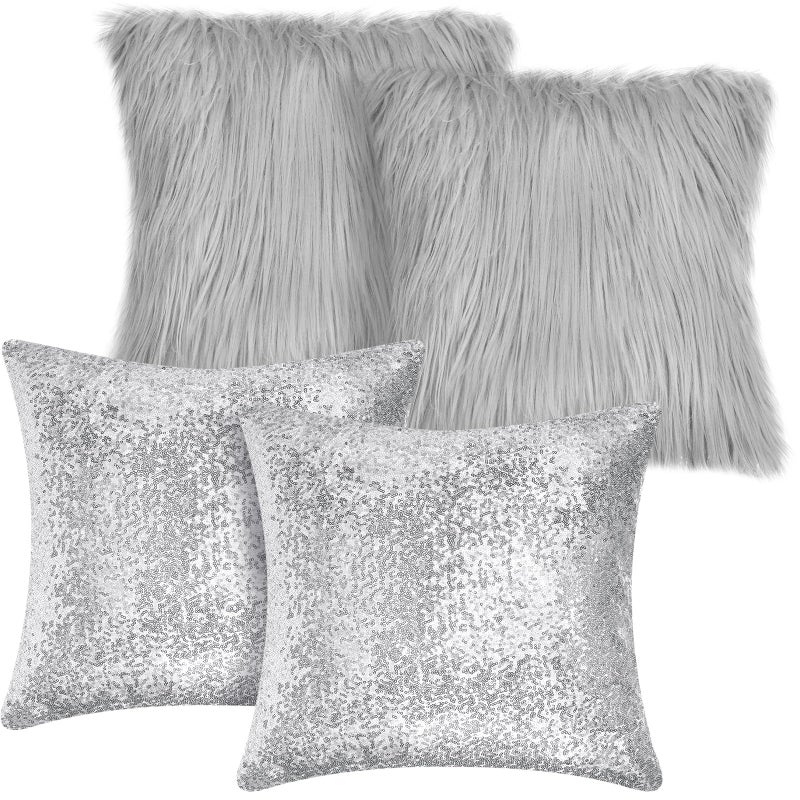 Irenare 4 Pcs Sequin and Fluffy Pillow Covers Winter Throw Pillow Cases Soft Cushion Cover for Couch Bed Sofa Xmas Day18 x 18 InchSilver Gray - Image 2