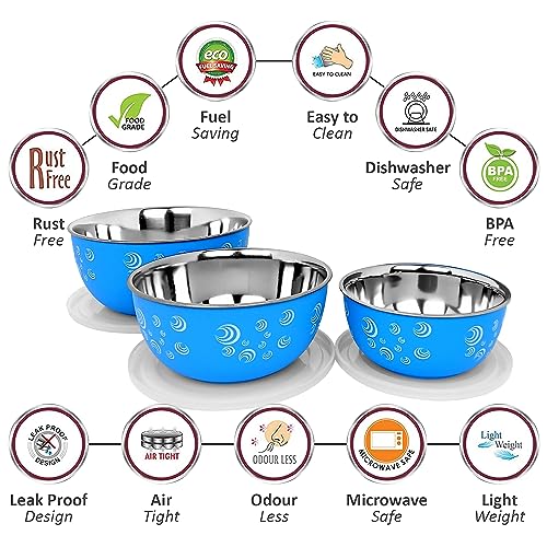Zaib Microwave Safe Stainless Steel Mixing Bowl Set with Lids | Spiral Print | 500ml, 750ml, 1250ml | Food Storage Bowls for Kitchen | Pack of 3 (Blue Spiral 3) - Image 3