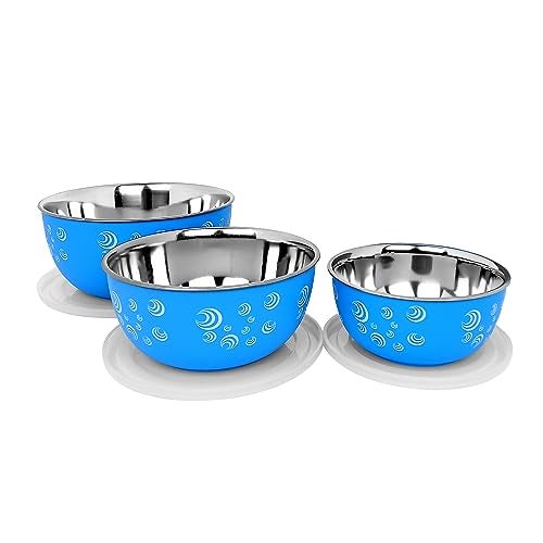 Zaib Microwave Safe Stainless Steel Mixing Bowl Set with Lids | Spiral Print | 500ml, 750ml, 1250ml | Food Storage Bowls for Kitchen | Pack of 3 (Blue Spiral 3) - Image 2