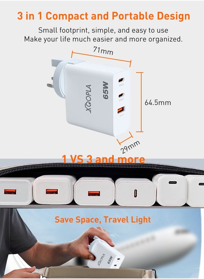 Xoopla PD 65W GaN Charger Dual Type C Charger , 1 QC 3.0 Laptop Wall Charger GaN Fast Charger for Macbook Laptop Cell Phone Watch Compatible with Samsung Xiaomi iPhone iPad Realme Huawei  - Image 5