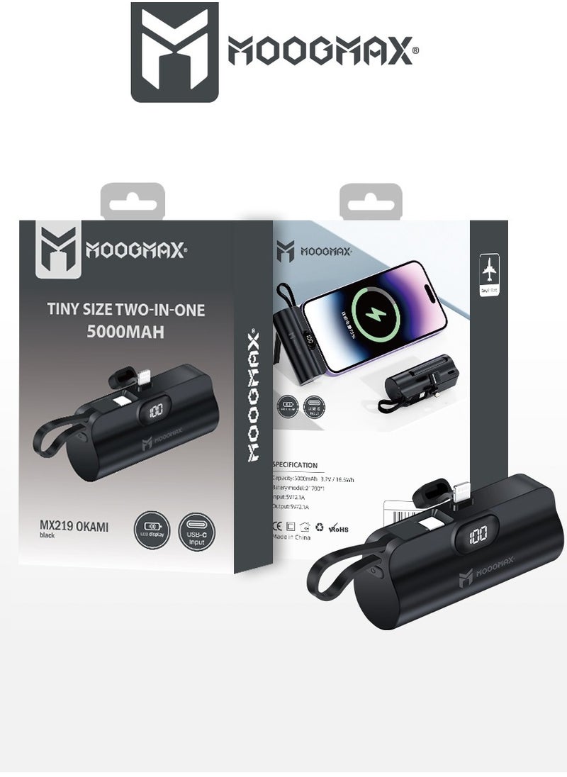MOOGMAX - 2-in-1 Super Tiny Size Mini Power Bank 5000mAh and the size of a lipstick pen. powerbank light weight makes it easy to carry and use. power bank fast charging It has two ports lightning and a side Type-C port-supports fast charging - Image 1