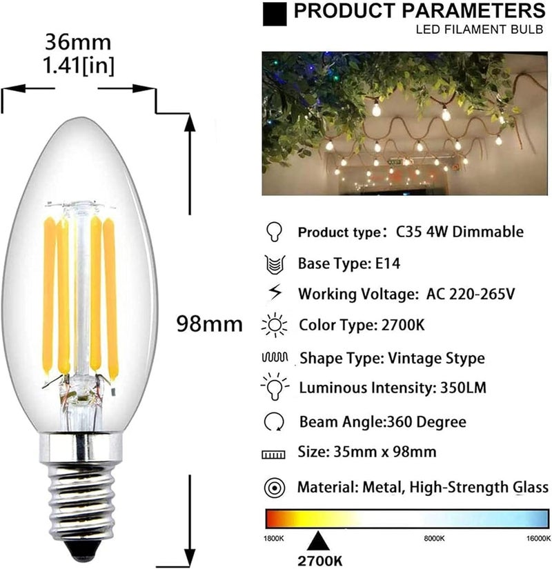 E14 LED Bulb, 4PCS Filament Light Bulbs 4 Watt, C35 Dimmable Light Warm White Yellowish, 2700K Classic Vintage Clear Glass 400LM for Chandeliers and More, 90% Energy Saving 35000h Life, Energy Class F - Image 4