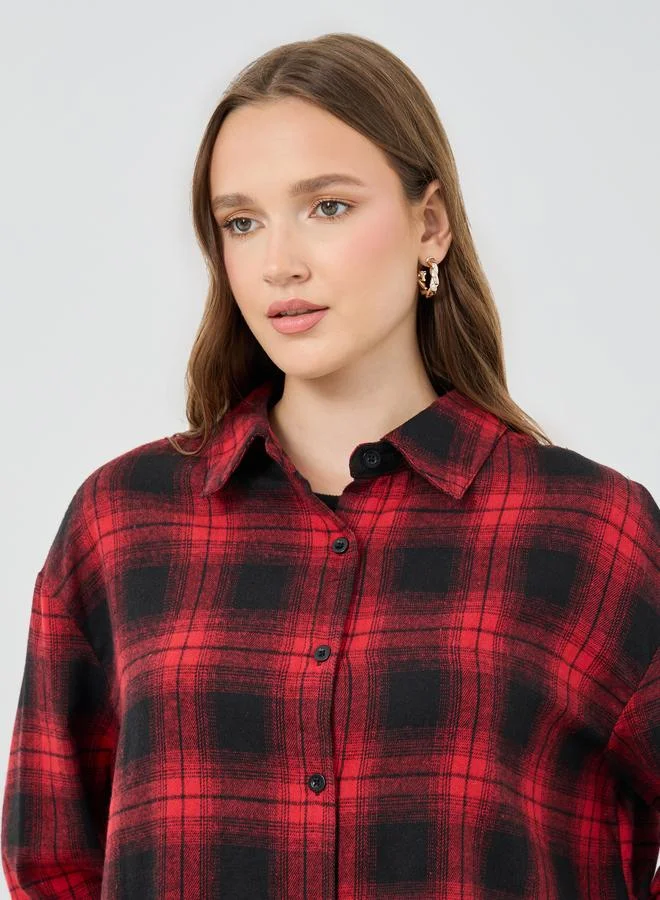 Take Two Take Two Checked Buttoned Spread Collar Oversized Shirt