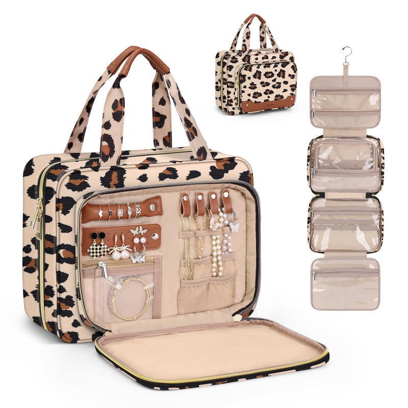 Wedama Toiletry Bag For Women  Hanging Travel Toiletry Bag With Jewelry Organizer Compartment Large Makeup Bag  Pvc Waterproof Cosmetic Travel Bag Trips Camping Bathroom  Leopard Print - Image 1