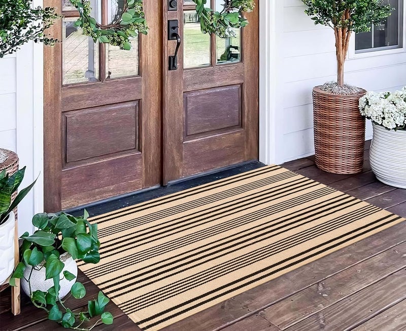 BUAGETUP Black and Tan Outdoor Rug 2'x4',Striped Front Porch Rug Machine Washable Front Door Mat Entryway Throw Rug for Front Porch Indoor Outdoor Doormat - Image 1