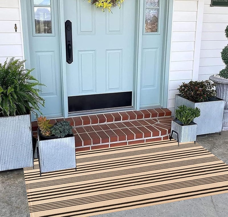 BUAGETUP Black and Tan Outdoor Rug 2'x4',Striped Front Porch Rug Machine Washable Front Door Mat Entryway Throw Rug for Front Porch Indoor Outdoor Doormat - Image 5