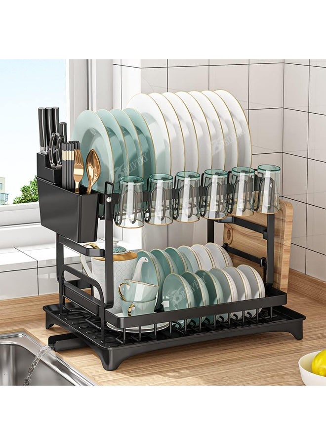Raxoom 2 Tier Foldable Dish Drying Rack with Utensil Holder & Cutting Board Holder & Drainboard Tray, Rotatable Drainage System Scratch Resistant Frosted Baking Process Coatings, Large Black UK86279  - Image 1