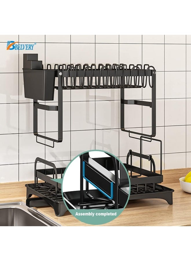 Raxoom 2 Tier Foldable Dish Drying Rack with Utensil Holder & Cutting Board Holder & Drainboard Tray, Rotatable Drainage System Scratch Resistant Frosted Baking Process Coatings, Large Black UK86279  - Image 2