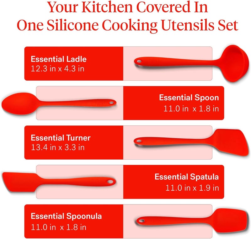 GIR مجموعة أدوات المطبخ الأساسية 5 قطع - ملعقة، سباتولا، ملعقة قلب، ملعقة سبونولا، أدوات غير لاصقة مقاومة للحرارة، آمنة في غسالة الصحون، لون أحمر ناري - Image 3