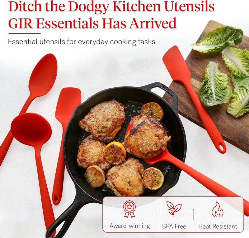 GIR مجموعة أدوات المطبخ الأساسية 5 قطع - ملعقة، سباتولا، ملعقة قلب، ملعقة سبونولا، أدوات غير لاصقة مقاومة للحرارة، آمنة في غسالة الصحون، لون أحمر ناري - Image 2