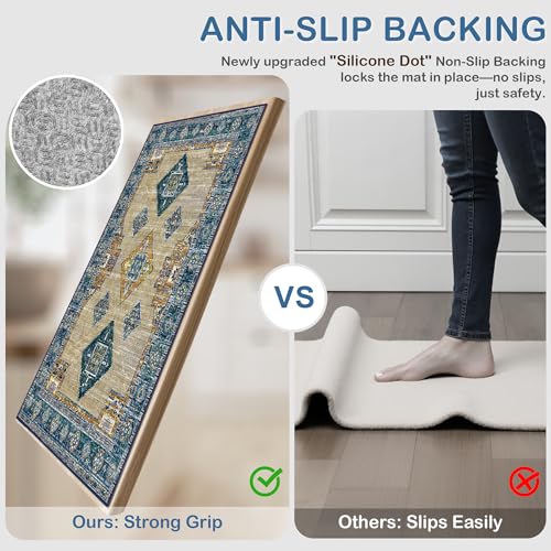 Tritard 100 Non Slip Kitchen Rugs Sets of 3 Washable Boho Kitchen Mats for Floor Vintage Farmhouse Kitchen Rug Soft Runner Rug for Hallway Laundry Room Indoor Entryway Tan Blue - Image 3