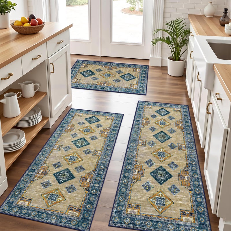 Tritard 100 Non Slip Kitchen Rugs Sets of 3 Washable Boho Kitchen Mats for Floor Vintage Farmhouse Kitchen Rug Soft Runner Rug for Hallway Laundry Room Indoor Entryway Tan Blue - Image 2