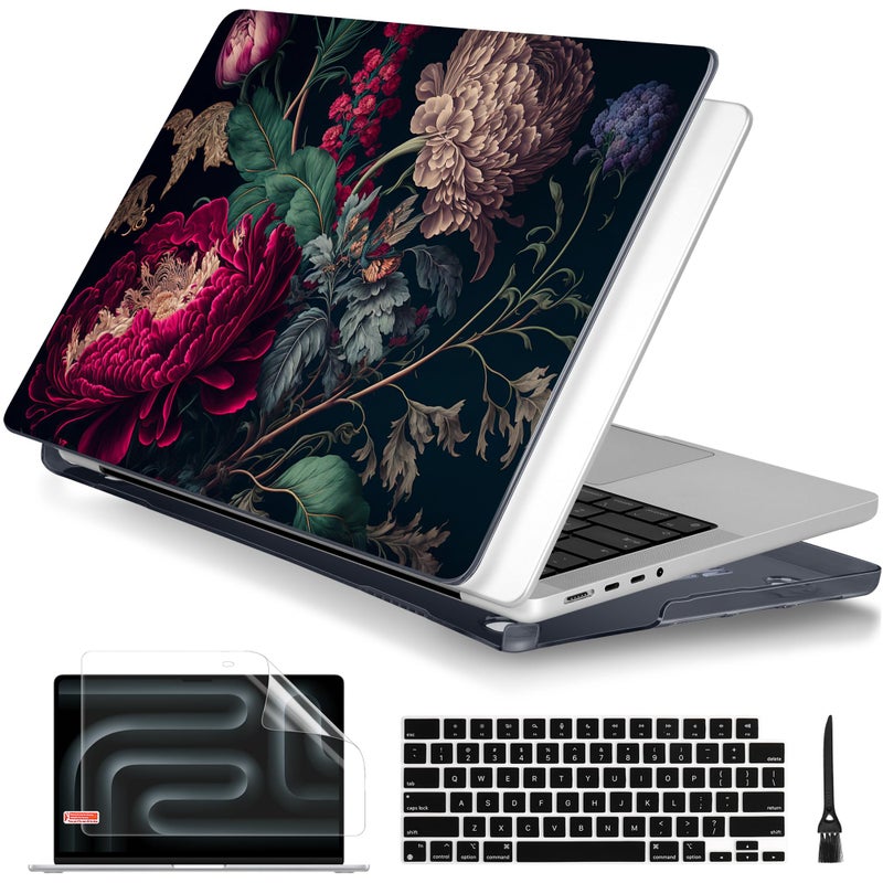 Batianda for MacBook Pro 14 inch Case 2025 M5 2024 2023 2021 Model A3112/A3434 with M4 M3 M2 M1 Pro/Max Chip,Stylish Designed Black Hard Shell with Keyboard Cover & Screen Protector, Vintage Flower - Image 1