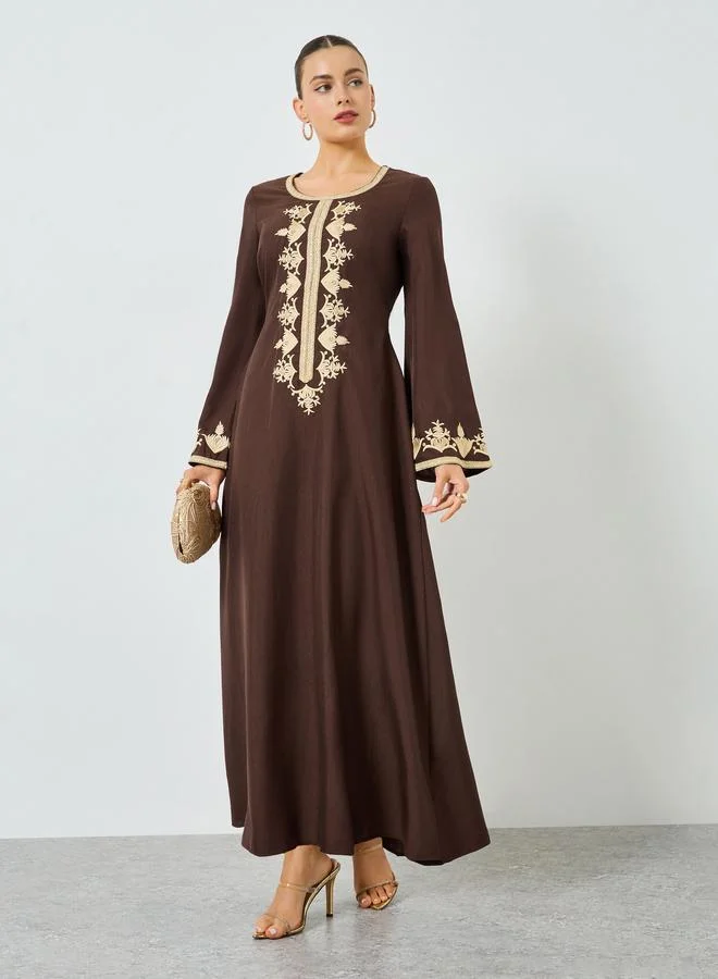Take Two Brown Embroidered A-Line Jalabiya