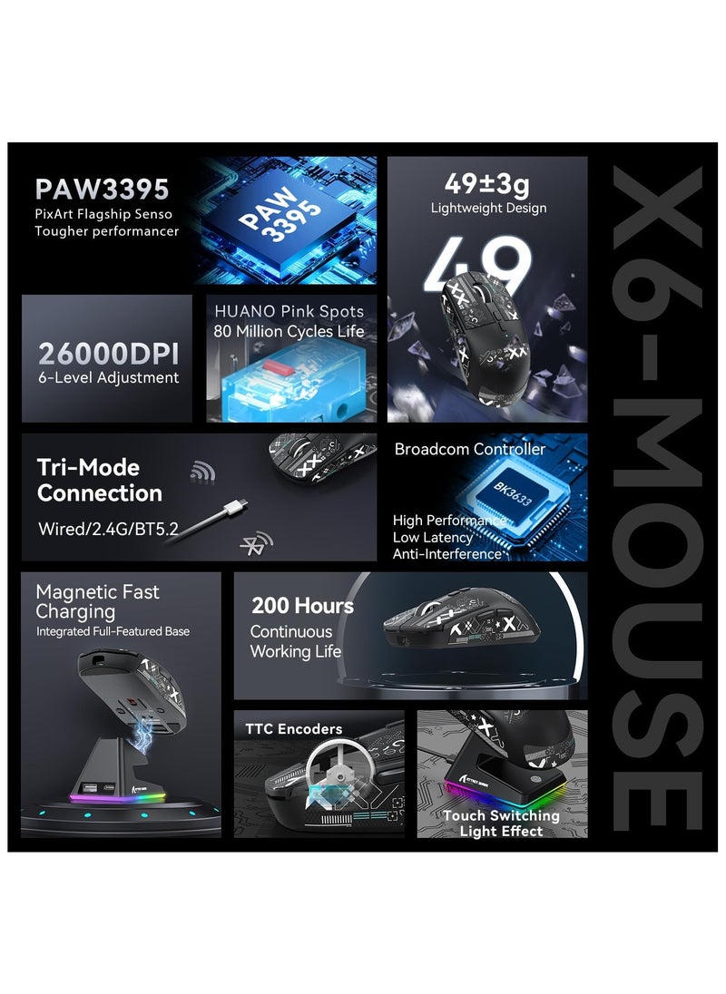 Attack Shark ATTACK SHARK X6 Wireless Gaming Mouse | Ultra-Light 49g Superlight Esports Mouse | 26000 DPI Optical Sensor | 2.4GHz Wireless, Bluetooth 5.2 & Wired | Magnetic Charging Dock | RGB Lights | Ergonomic Grip | PC/Mac/Xbox Compatible (Black)  - Image 3