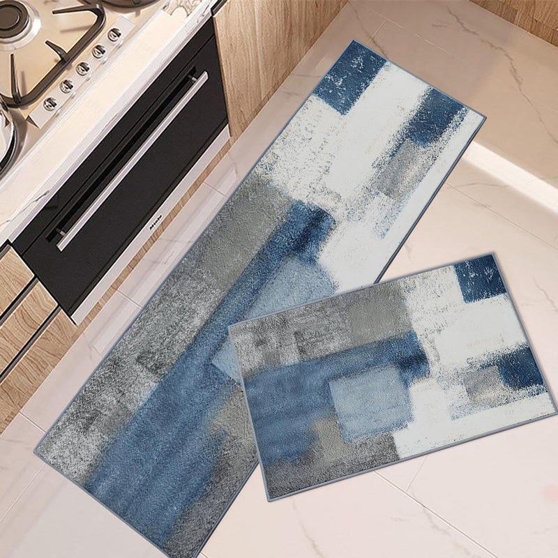 ArtSocket Kitchen Rugs and Mats Non Skid Washable Set of 2, Navy Blue Grey Abstract Runner Rug, Painting Gray Vintage Retro Kitchen Floor Mat Under Sink Mat Throw Rug - Image 1