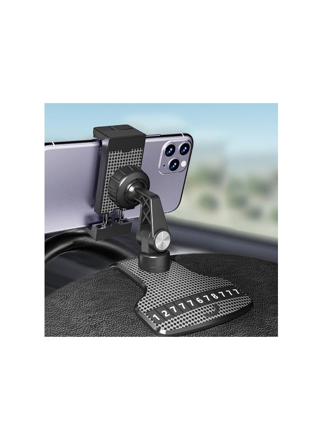Car Phone Holder, Dashboard Cellphone Mount, 360° Rotation Car Phone Cradle, One Hand Operation Clip Design Phone Car Mount for 3-6.9 inch Smartphones, with Temporary Parking Calling Number Plate