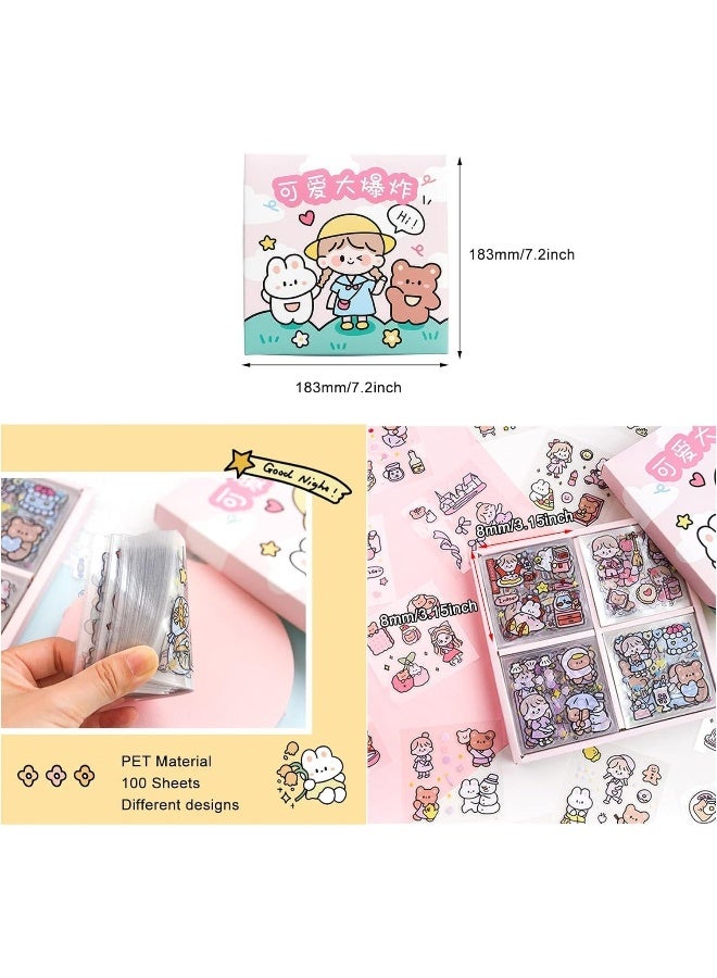 Stickers Set 100 Sheets 600 and Small Pieces Cute PET Transparent Cartoon Character Animal Flower Decorative Scrapbook Sticker Decal for Diary DIY Arts Crafts Album Planners Calendars and Notebook  - Image 1