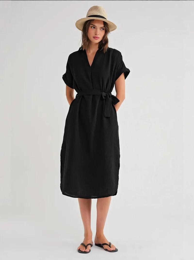 MixRay Mixray Belted Short-Sleeve Midi Dress