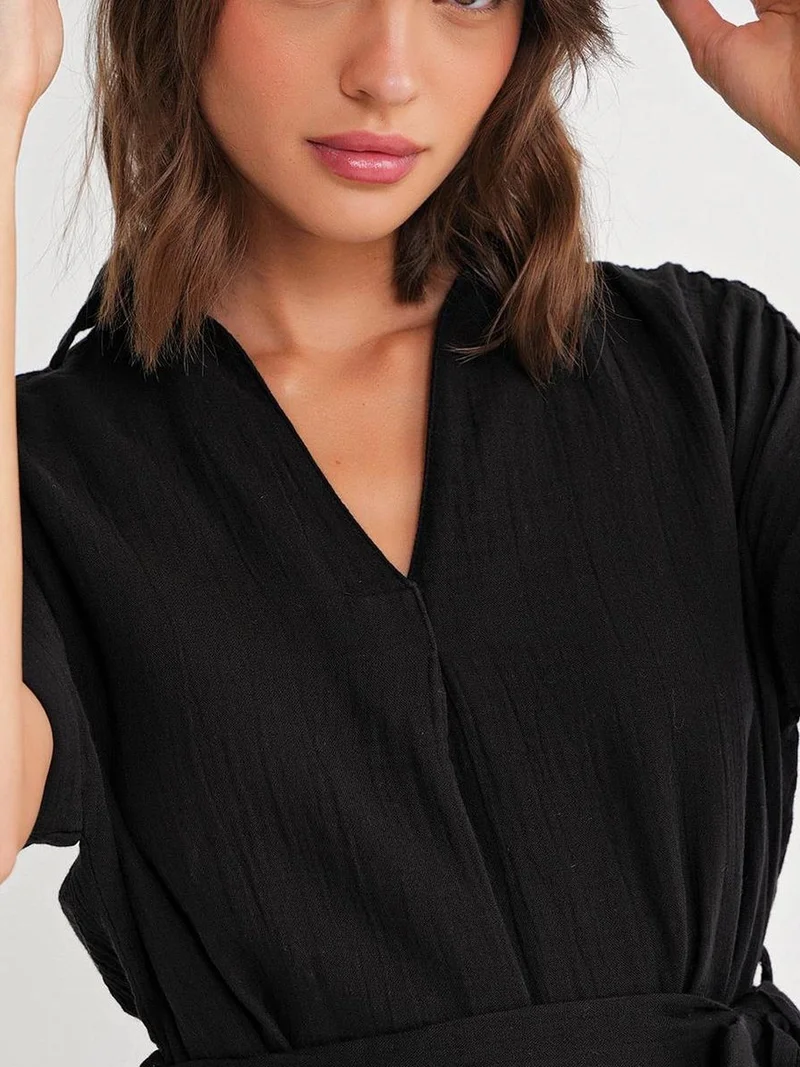 Mixray Black Mixray Belted Short-Sleeve Midi Dress for Women | Best Price UAE