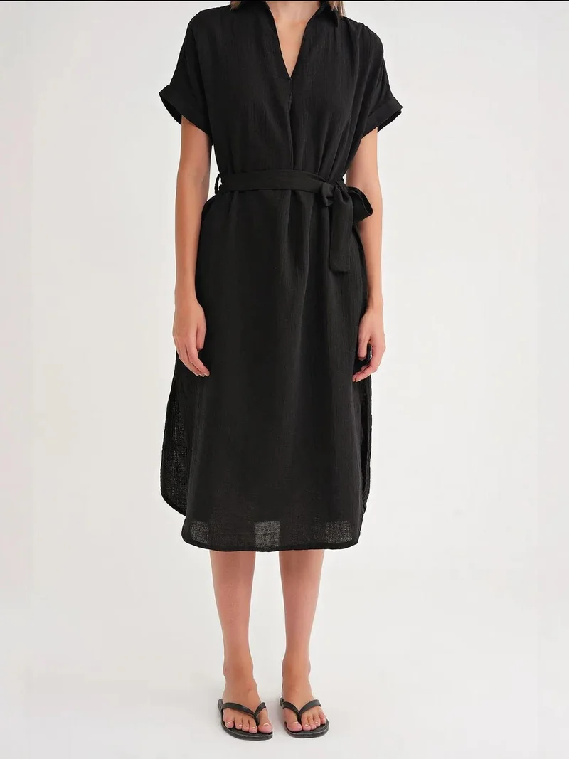 Mixray Black Mixray Belted Short-Sleeve Midi Dress for Women | Best Price UAE