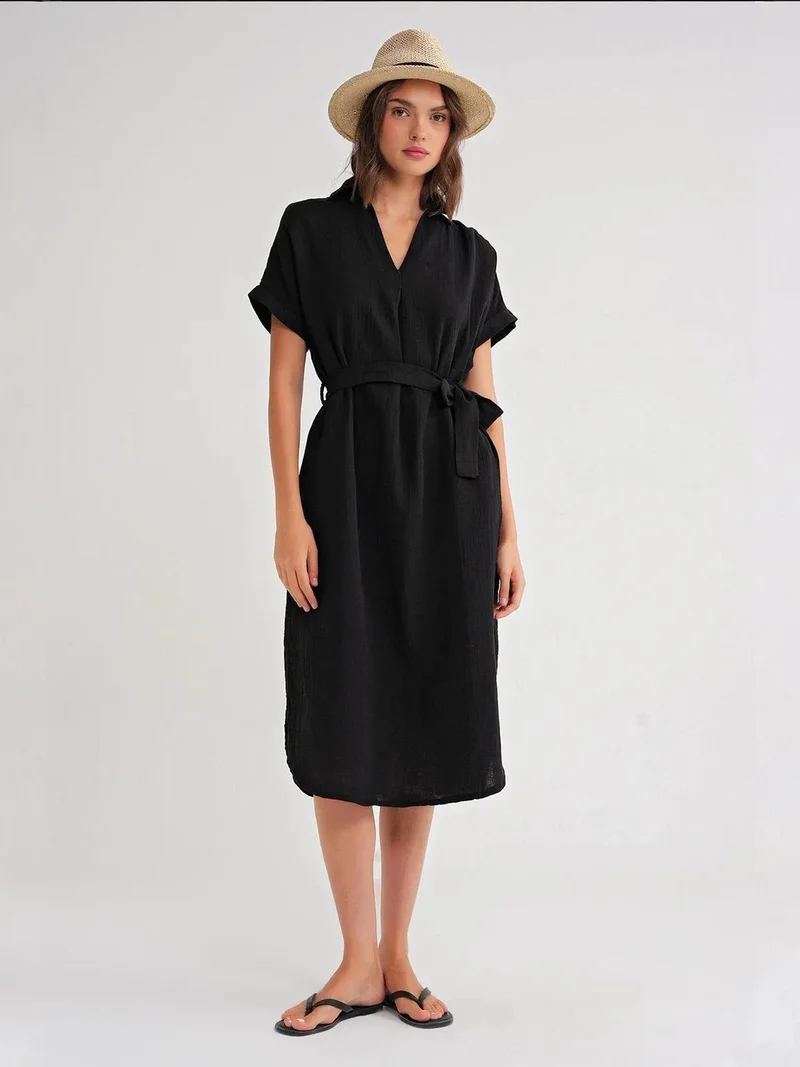 MixRay Mixray Belted Short-Sleeve Midi Dress