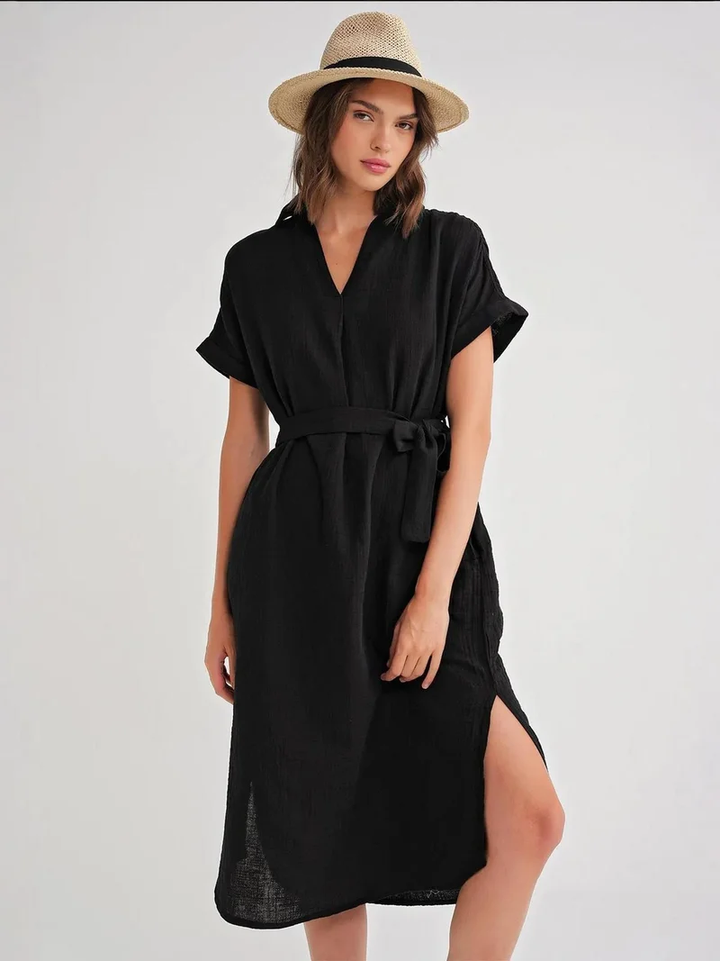 Mixray Black Mixray Belted Short-Sleeve Midi Dress for Women | Best Price UAE