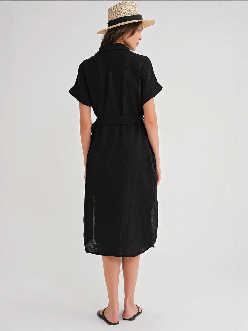 Mixray Black Mixray Belted Short-Sleeve Midi Dress for Women | Best Price UAE