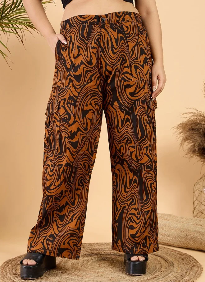 CURVY STREET Abstract Printed Wide Leg Trousers for Women