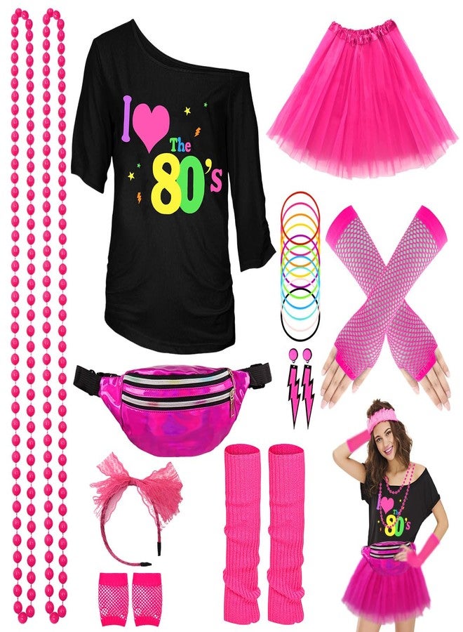 WILDPARTY 80s Costume Accessories for Women, T-Shirt Tutu Fanny Pack Headband Earring Necklace Fishnet Gloves Legwarmers 80s Party Halloween outfit for Women 24PCS (LoveBY-Pink-M) - Image 1