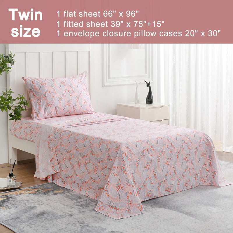JSD Pink Paisley Floral Sheet Set Twin Size  3 Piece Soft Printed Microfiber Sheets Extra Deep Pocket - Image 2