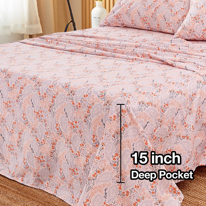 JSD Pink Paisley Floral Sheet Set Twin Size  3 Piece Soft Printed Microfiber Sheets Extra Deep Pocket - Image 3