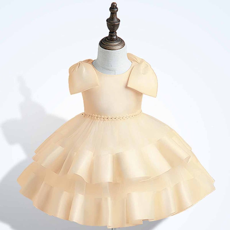 Girls New Solid Color Big Bow Mesh Puff Dinner Performance Dress Girls Birthday Party dress champagne