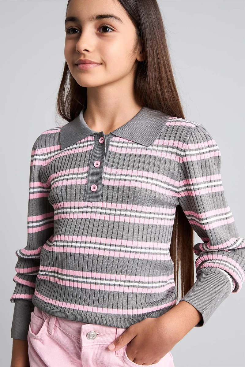 Defacto Girl Regular Fit Striped Polo Collar Sweater