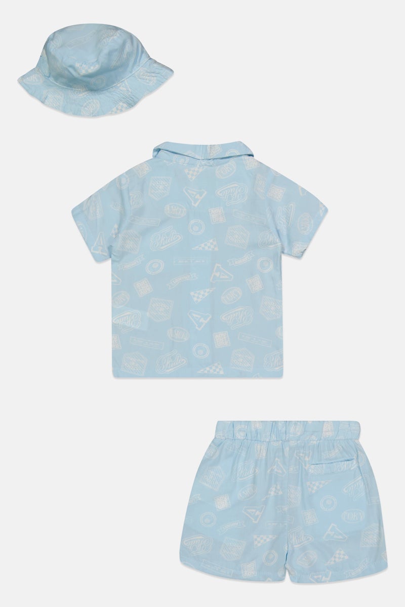 Fudo Kids Boy 3 Pieces Graphic Print Shirt And Shorts With Hat Set, Light Blue - Image 3