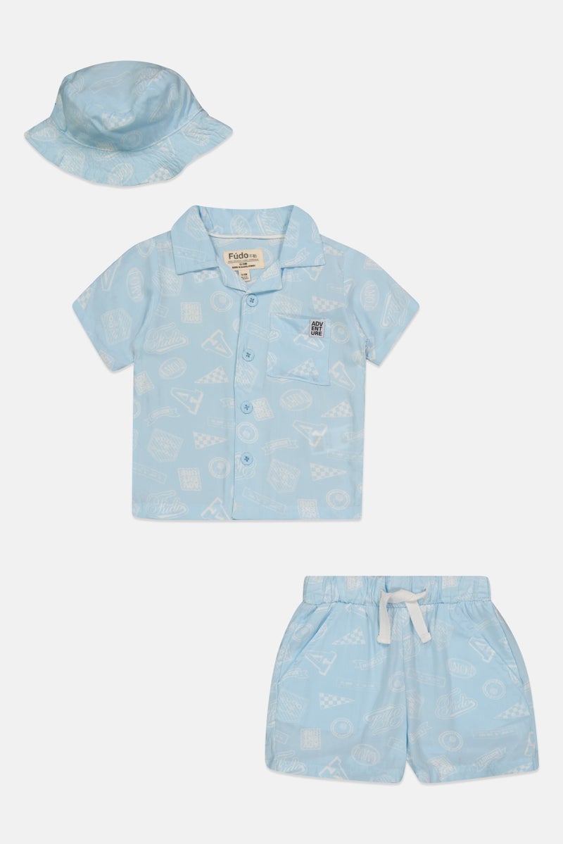 Fudo Kids Boy 3 Pieces Graphic Print Shirt And Shorts With Hat Set, Light Blue - Image 2