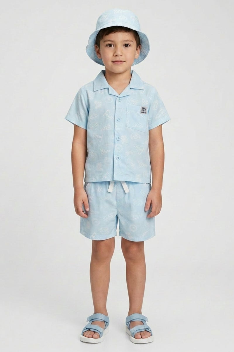 Fudo Kids Boy 3 Pieces Graphic Print Shirt And Shorts With Hat Set, Light Blue - Image 1