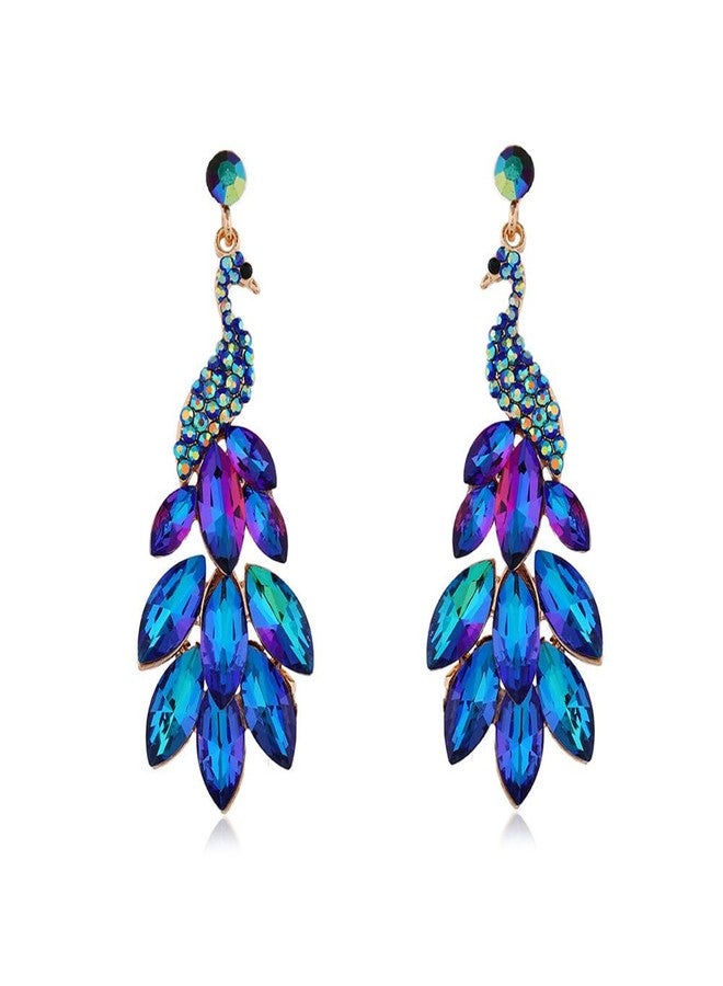 Dtja Vintage Peacock Dangle Earrings for Women Green Crystal Feather Peafowl Statement Drop Dangling Stud Earring Mardi Gras Carnival Decor Birthday Holiday Jewelry Gifts (Purple Blue) - Image 1