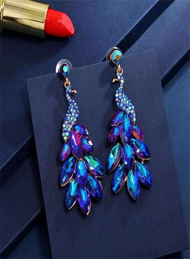 Dtja Vintage Peacock Dangle Earrings for Women Green Crystal Feather Peafowl Statement Drop Dangling Stud Earring Mardi Gras Carnival Decor Birthday Holiday Jewelry Gifts (Purple Blue) - Image 5