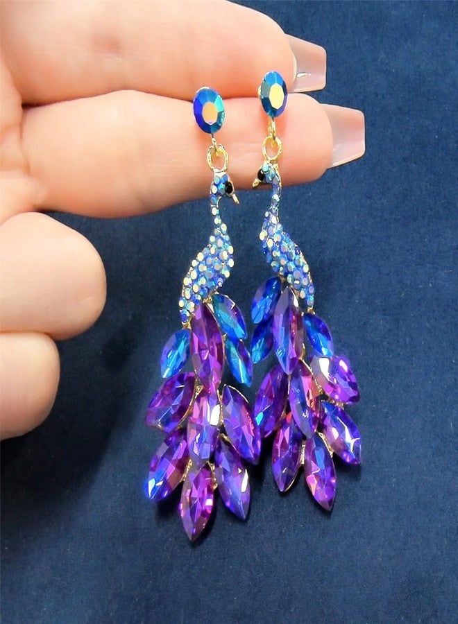 Dtja Vintage Peacock Dangle Earrings for Women Green Crystal Feather Peafowl Statement Drop Dangling Stud Earring Mardi Gras Carnival Decor Birthday Holiday Jewelry Gifts (Purple Blue) - Image 4
