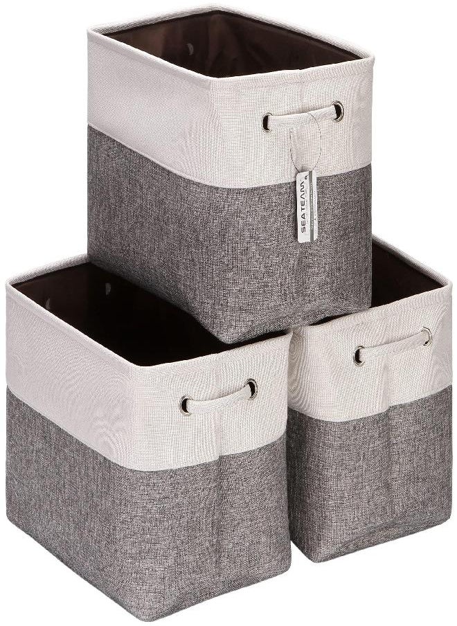 Sea Team Sea Team 3-Pack Large Storage Basket Set, Trunk Organizer, Clothes Toys Bin, 15 x 10 x 10 Inches, Big Rectangular Canvas Fabric Collapsible Shelf Box with Handles for Kids Room (Grey/White) 