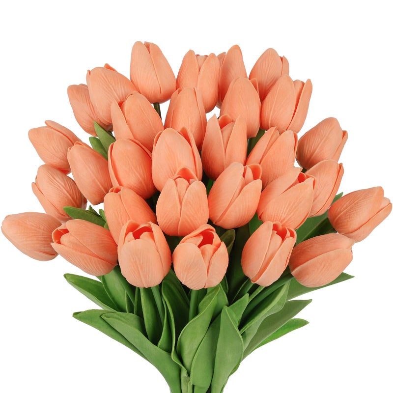 MACTING 30PCS Artificial Tulip Flowers 13.7" Real Touch Fake Tulips Spring Faux Flowers for Floral Arrangements Table Centerpieces Kitchen Dining Room Mothers Day Easter Decorations(Light Orange) - Image 1