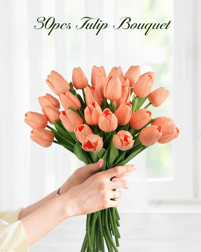 MACTING 30PCS Artificial Tulip Flowers 13.7" Real Touch Fake Tulips Spring Faux Flowers for Floral Arrangements Table Centerpieces Kitchen Dining Room Mothers Day Easter Decorations(Light Orange) - Image 5