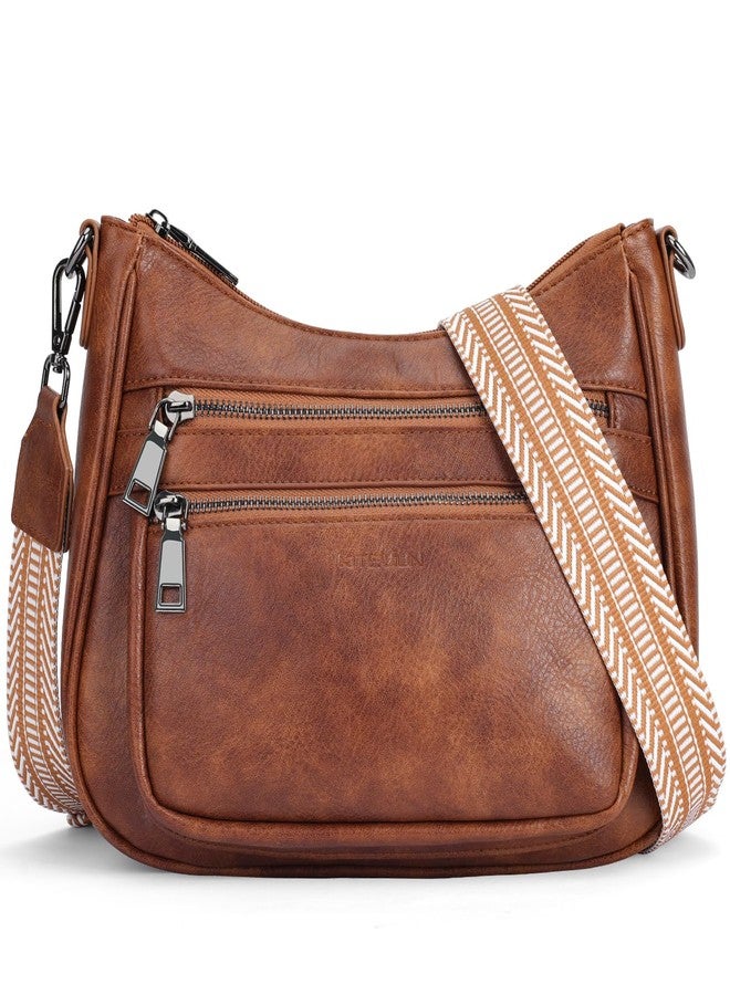 KITEVIUN Crossbody Bags for Women Leather Purse Trendy Multi Pocket Shoulder Handbags with Adjustable Guitar Strap, 01-brown - Image 1