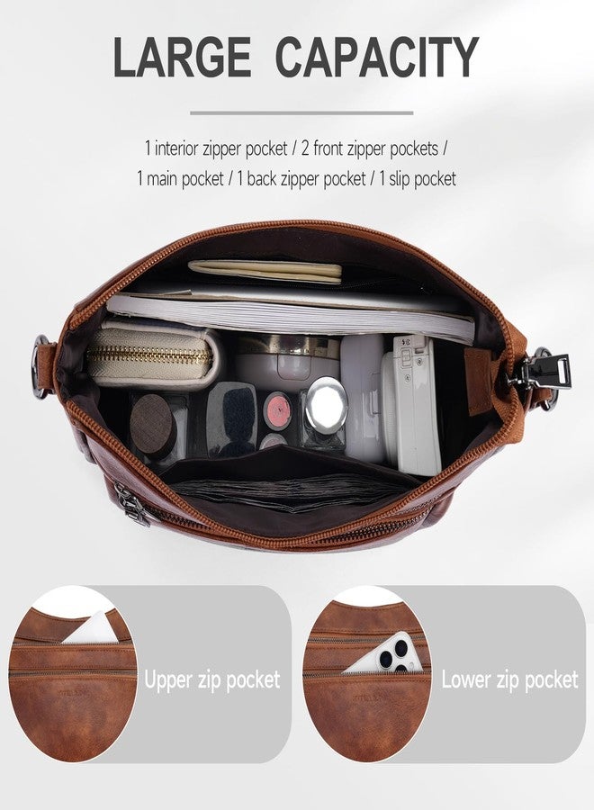 KITEVIUN Crossbody Bags for Women Leather Purse Trendy Multi Pocket Shoulder Handbags with Adjustable Guitar Strap, 01-brown - Image 3