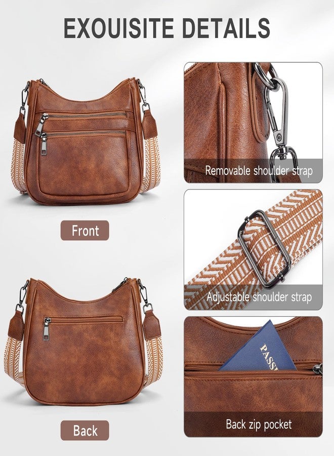 KITEVIUN Crossbody Bags for Women Leather Purse Trendy Multi Pocket Shoulder Handbags with Adjustable Guitar Strap, 01-brown - Image 4